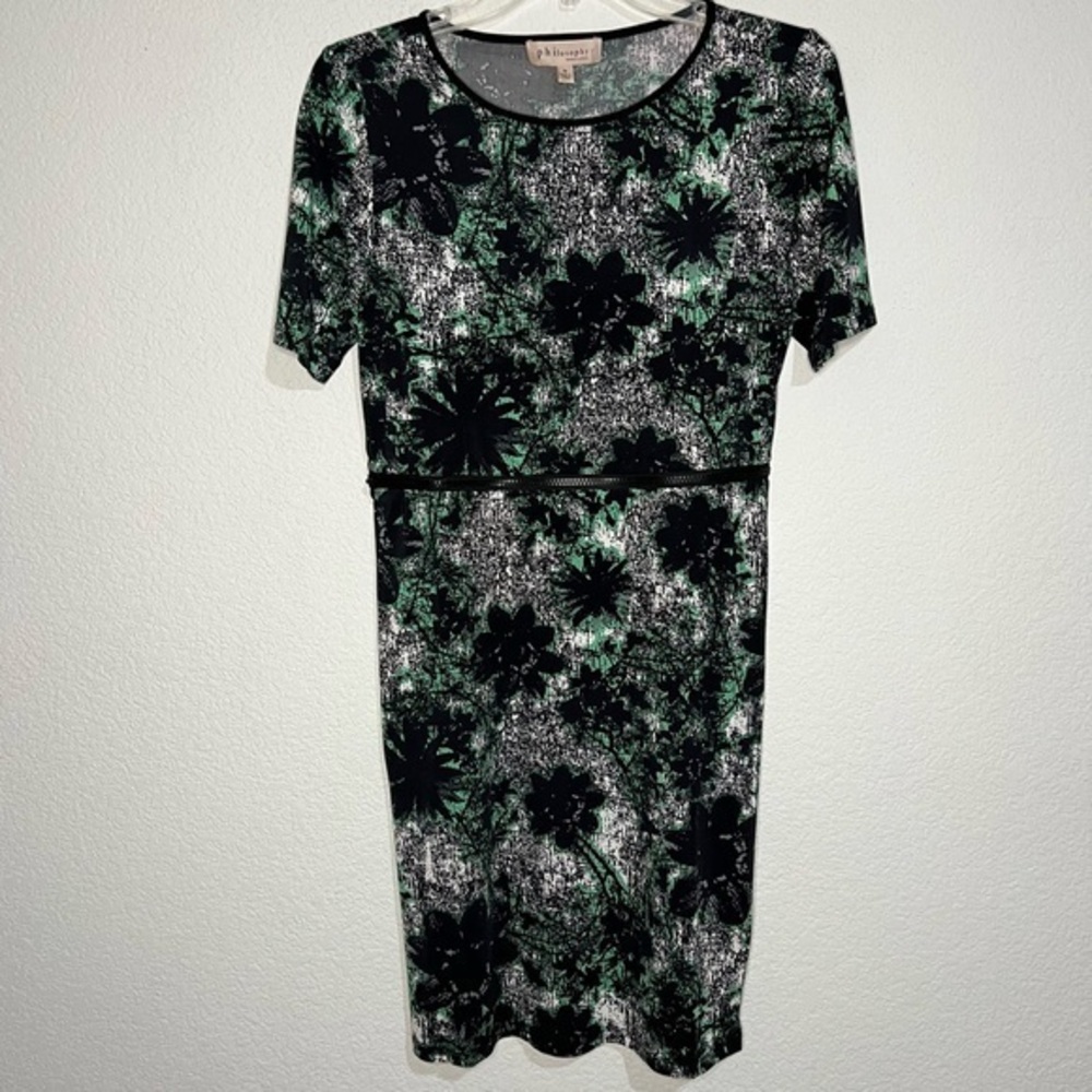 Philosophy Black Green White Speckled Print Crew Neck Sheath Dress Zip Waist S